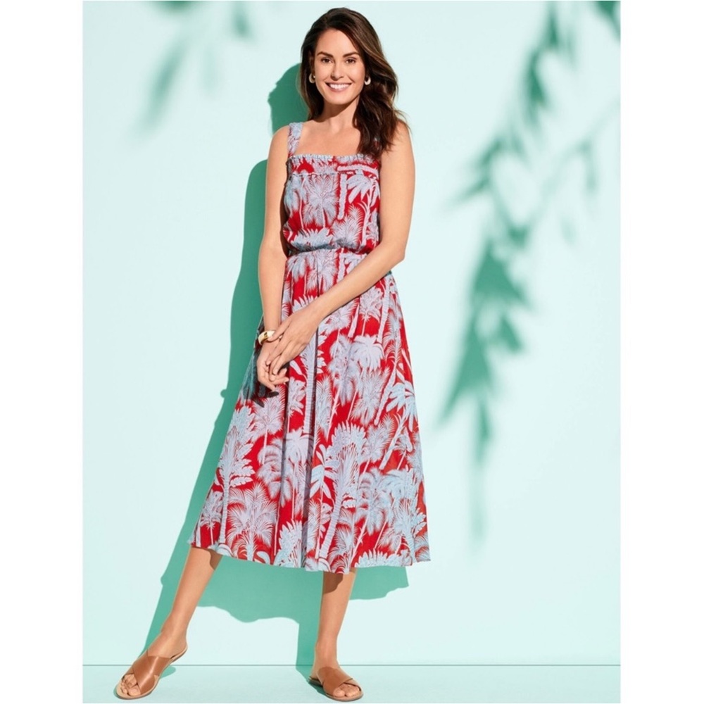 Talbots Oasis Palm voile fit and flare dress red blue tropical sundress 6P
